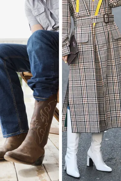 Man and woman wear cowboy boots with different color