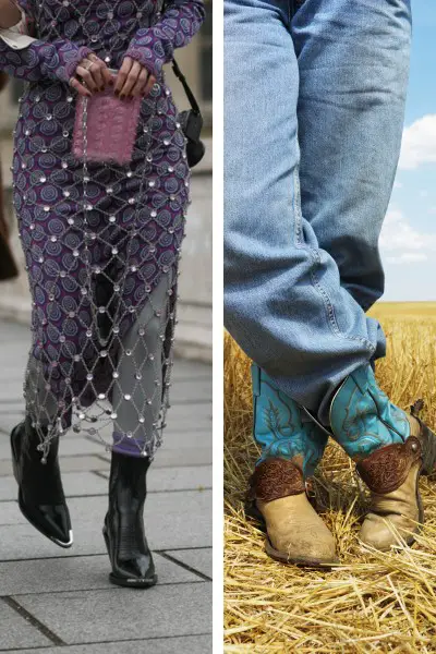 Man and woman wear cowboy boots with different type of toe shape