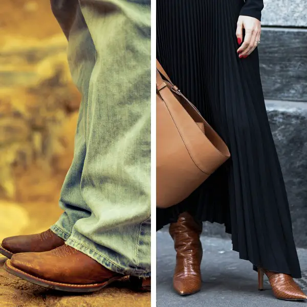 Man wear square toe cowboy boots and woman wear pointed toe cowboy boots
