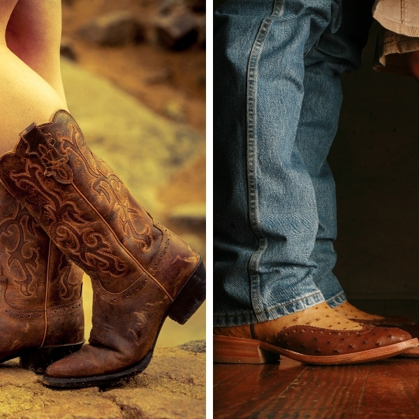 Man wears square toe cowboy boots and woman wears pointed toe cowboy boots