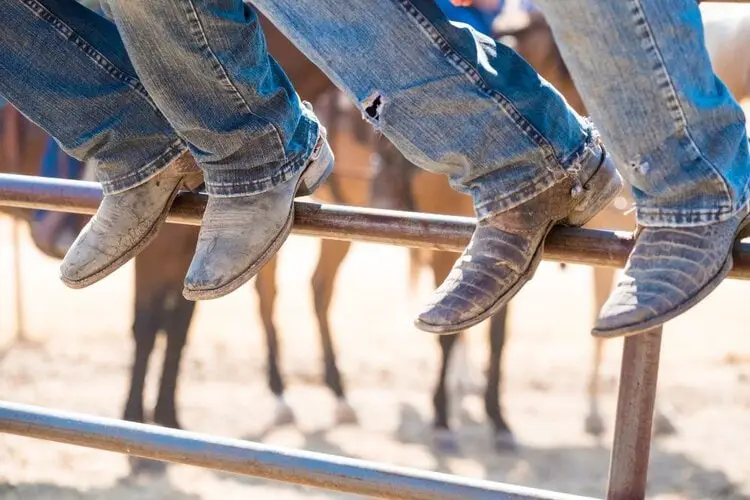 Mans wear cowboy boots and jeans sit on the wooden fence