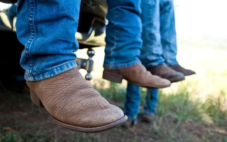 2 mens wear jens with cowboy boots sit on the fence