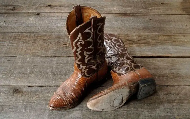 a pair of cowboy boots on the wood floor