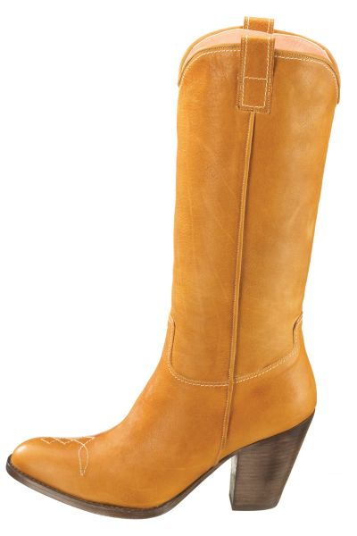 a tall cowboy boot with high angled heel