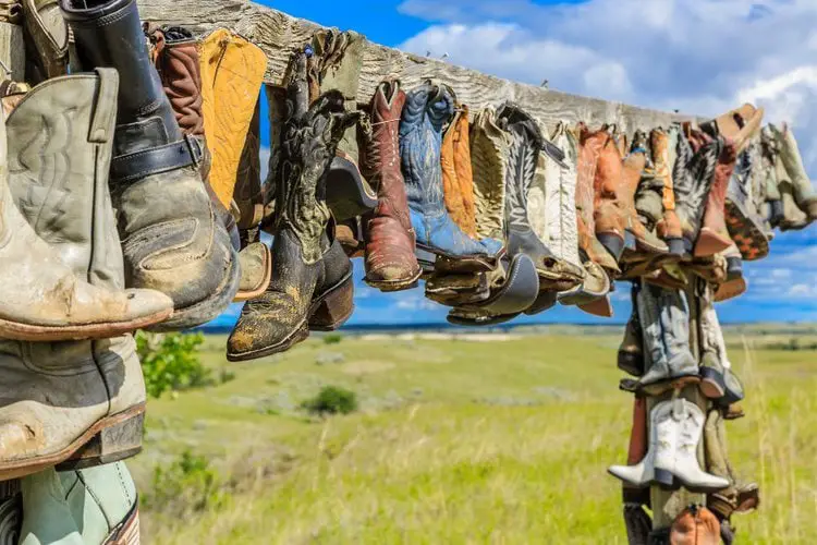 Many pairs of Cowboy boots are hanged out under the sun