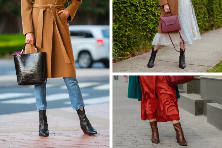 Women wears ankle cowboy boots with different outfits.