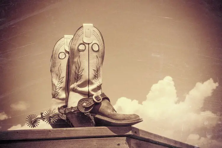 black-white cowboy boots stand on the wood floor