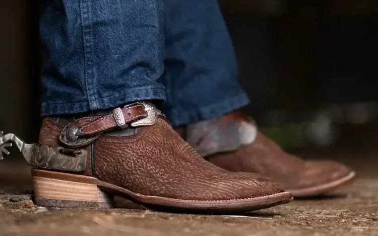 Man wearing The Prsescott Shark Cowboy boots is sitting down