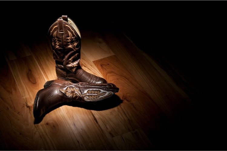 A pair of lizard cowboy boots on the wooden floor