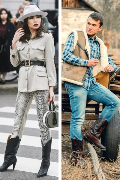 Man and Woman wear cowboy boots with different outfits
