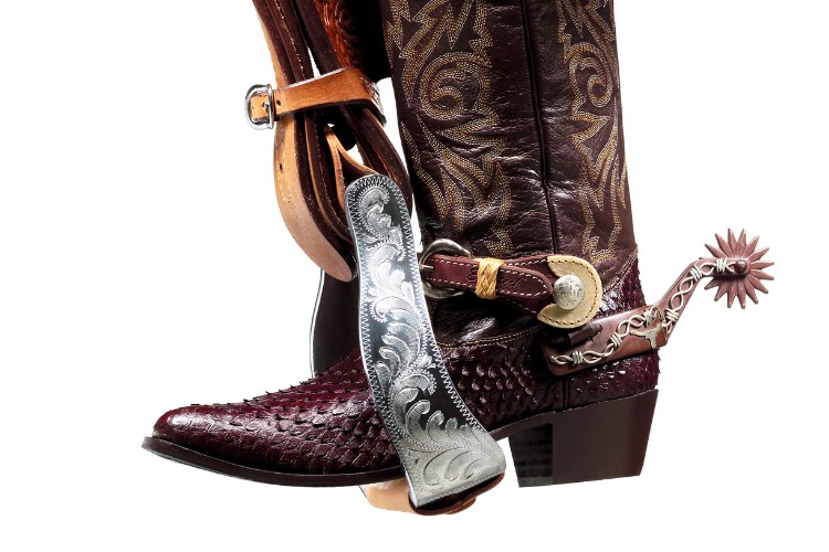 Pointed toe ostrich cowboy boots and saddle stirrup