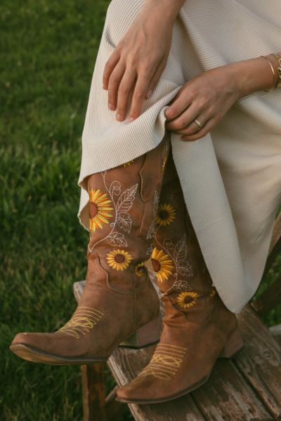 cowboy boots with colored floral stitching