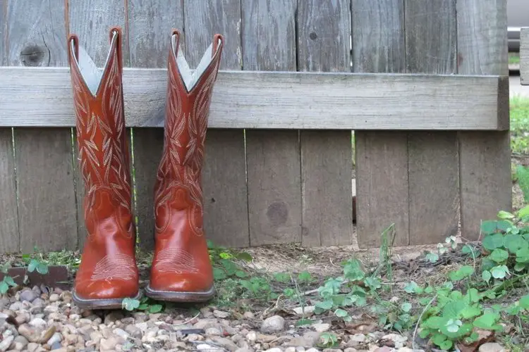 glossy brown cowboy boots with stitching