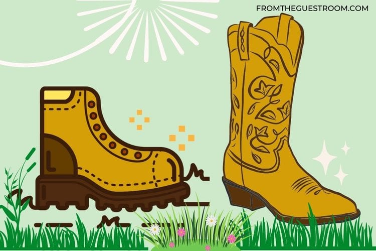 A lace up boot and a cowboy boot with grass!