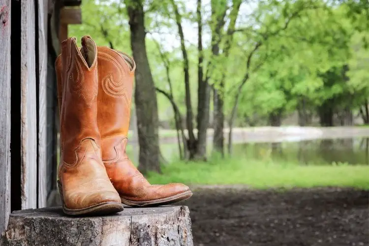 Cowboy boots in the yard on the wood