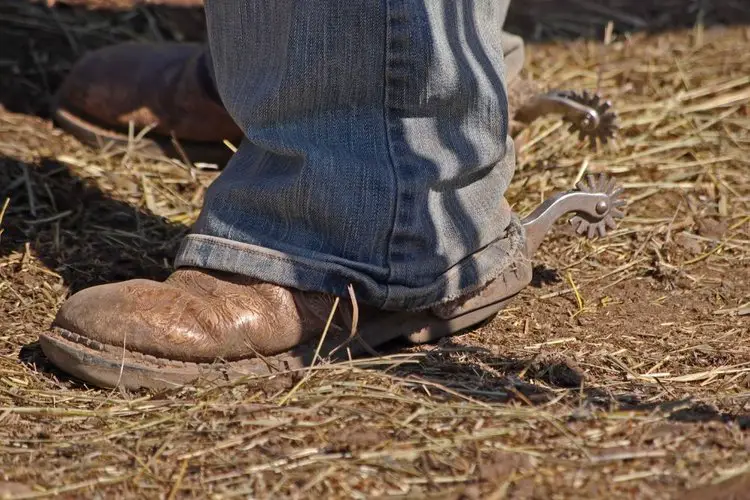 Men wear cowboy boots walk in muddy place