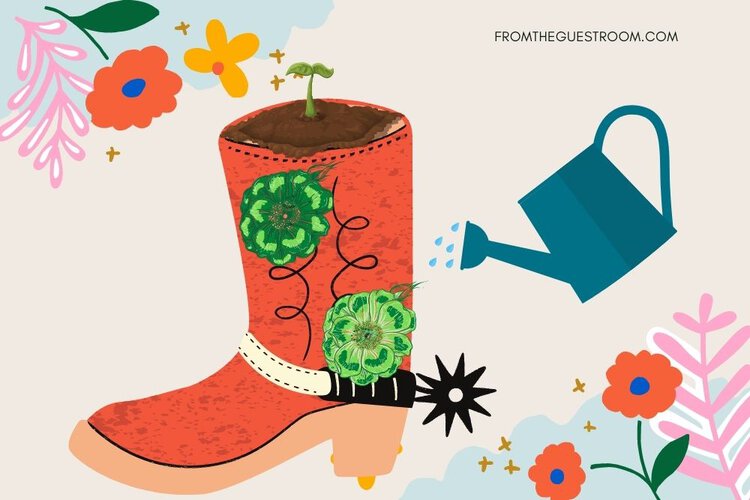 Watering flower in the middle of the boots