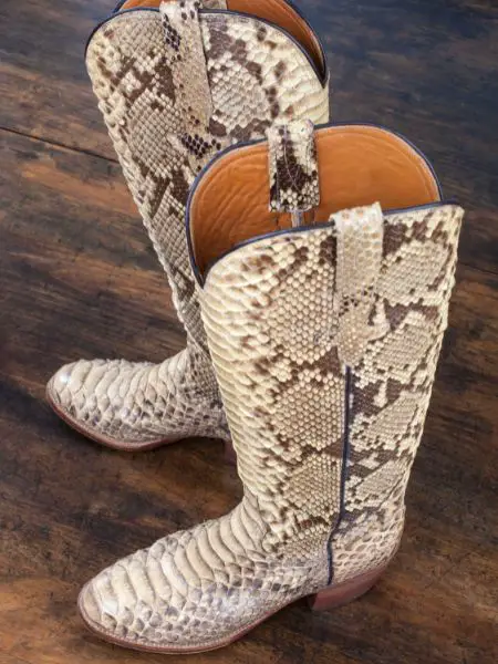 A pair of snakeskin cowboy boots in the house