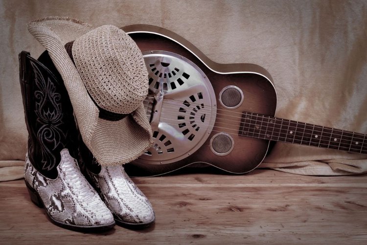 Snakeskin cowboy boots, cowboy hat and the guitar