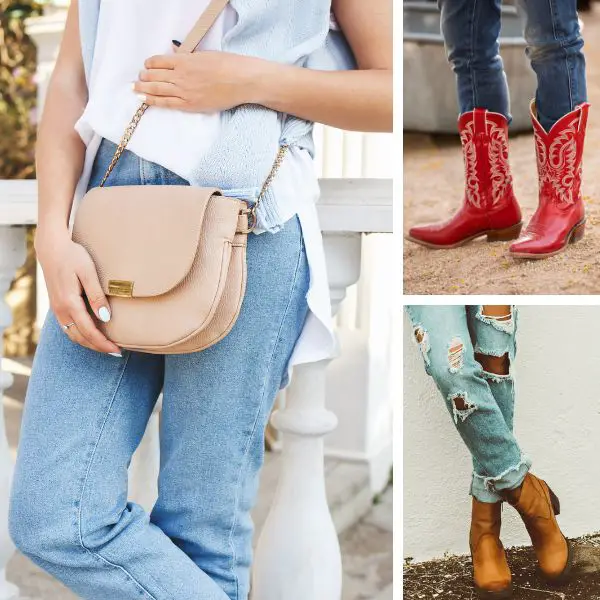 Woman wears straight leg jeans with cowboy boots