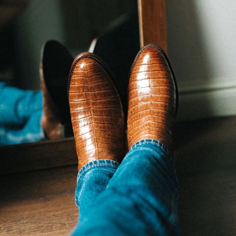 The Dillion pecan caiman boots from Tecovas
