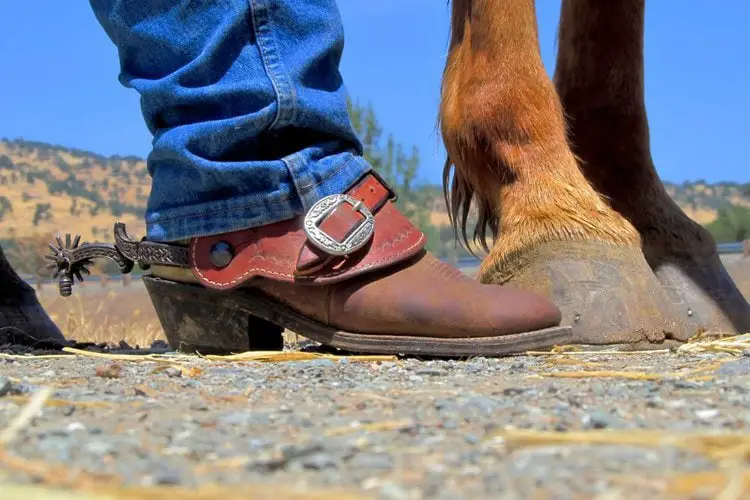 Man wear cowboy boots standing with a horse