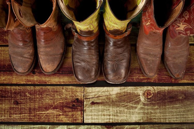 3 Pairs of cowboy boots stand on the wood floor