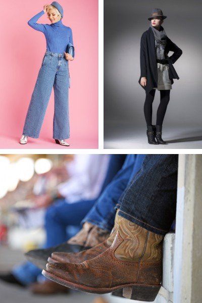Man and women wear different types of outfit with cowboy boots