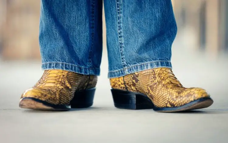 Man wear straight leg jeans with snake cowboy boots