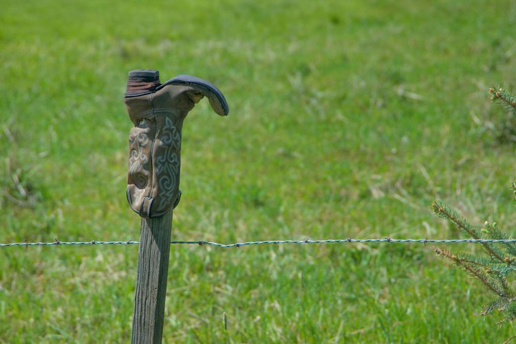 a cowboy boot is turned upside down on a wooden fence post
