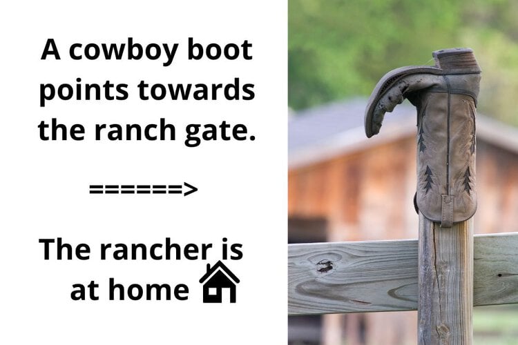 a cowboy boot points towards the ranch gate means the rancher is at home