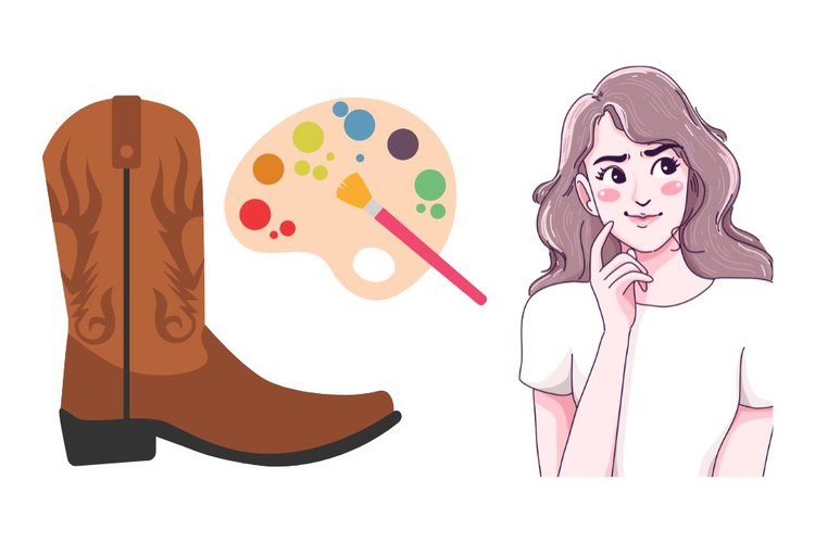 girl is thinking how to paint her cowboy boot