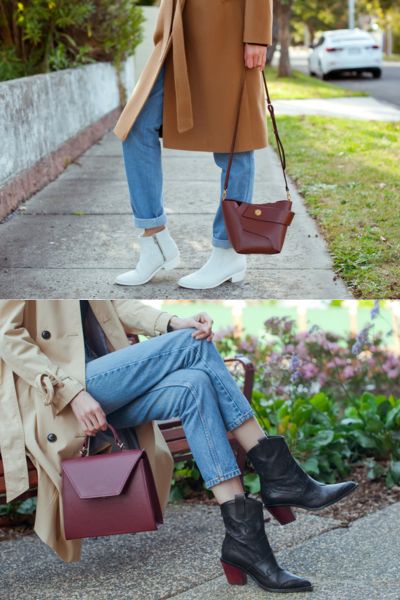 women wear jeans and ankle boots and carry handbags