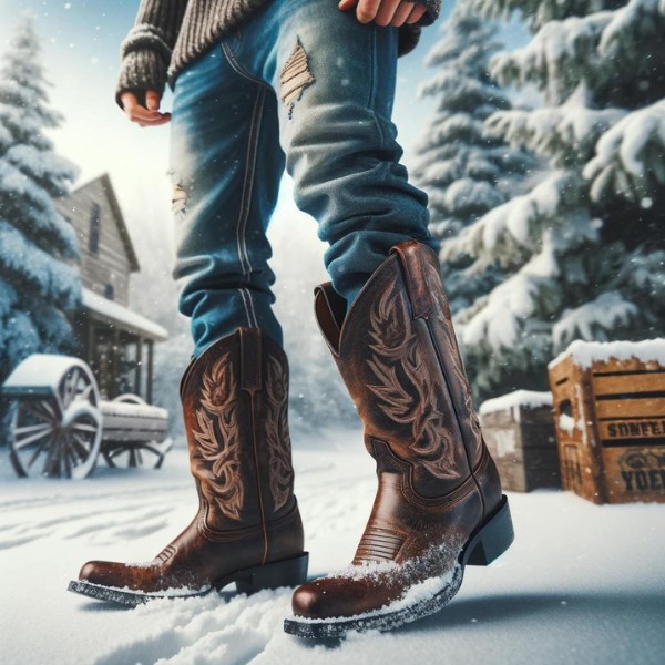 A man wears cowboy boots in the snow