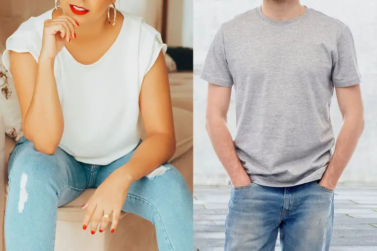 a woman and a man wear t shirts with ripped jeans