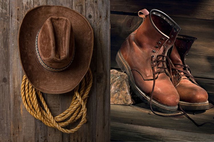 brown cowboy hat and work boots