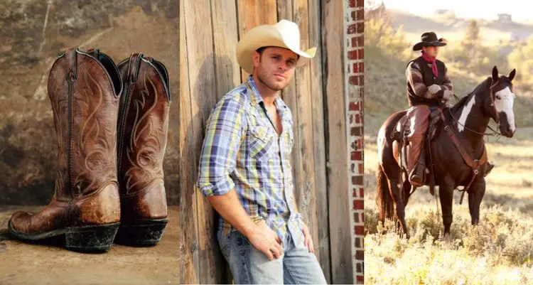 cowboy heel, tall hat crown and sitting on horseback make cowboys look taller