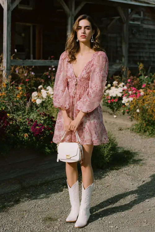 A woman wears a blush pink organza midi dress with soft floral prints and voluminous sleeves, styled with white cowboy boots, a structured mini bag