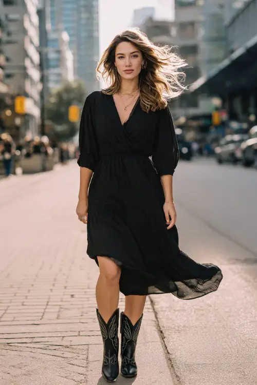 stylish woman wearing a black flowy midi dress with black cowboy boots, urban street style, fall season, soft natural lighting