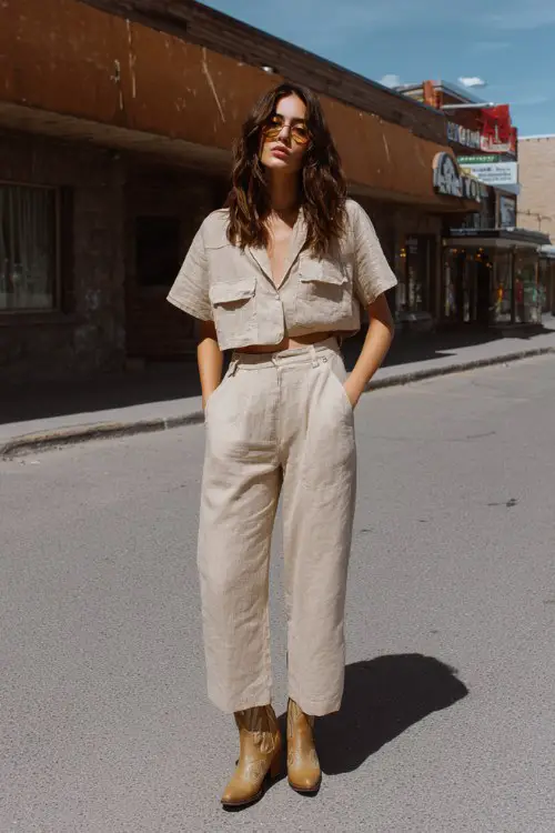 woman in a neutral linen two-piece set with cowboy boots, summer street style, beige tones, relaxed chic outfit, effortless minimal fashion, warm sunlight