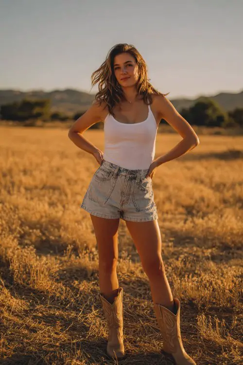 woman wearing high waisted denim shorts, white tank top, and cowboy boots, summer festival outfit, sunlit field, carefree vibe