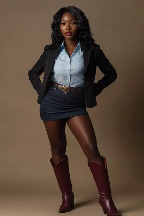 A Black woman wearing burgundy cowboy boots, a navy pencil skirt, a tucked-in light blue button-up shirt, and a black cropped jacket