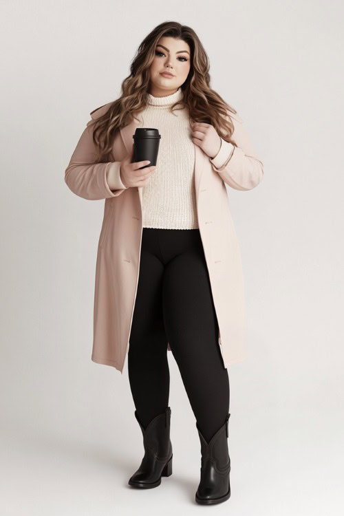 A plus-size woman in black cowboy boots, black leggings, an oversized cream sweater, and a light pink trench coat