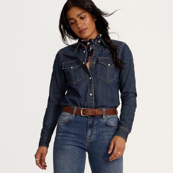 Woman wears double denim with some other accessories like belt