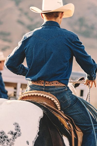 A cowboy wears denim shirt under the sun