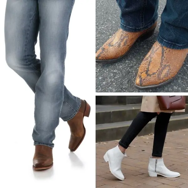 Different color of denim jeans and different types of cowboy boots