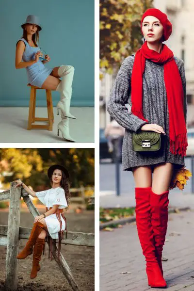 Women wears different types of outfits with over the knee cowboy boots