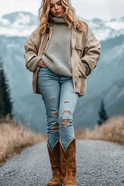 A casual winter look with distressed light blue jeans tucked into worn brown cowboy boots, styled with a thick grey sweater layered under a tan utility jacket