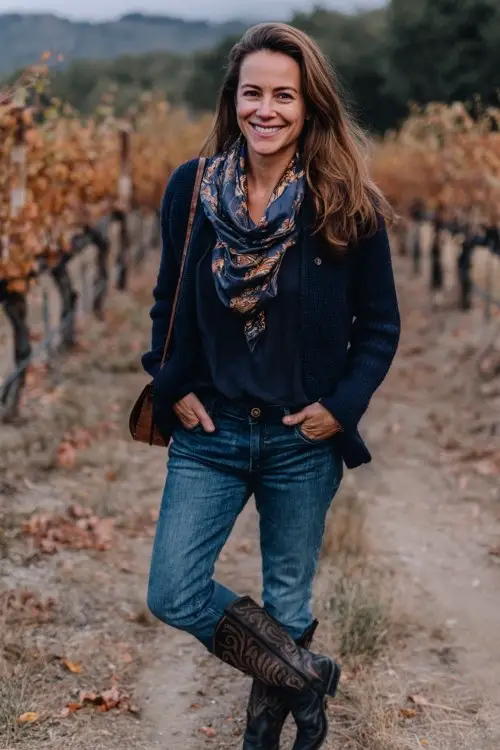 A woman over 30 wears dark denim with a navy cashmere cardigan and with pointed black cowboy boots outfit for fall