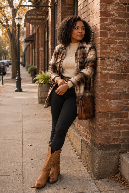 A woman wears a brown and cream plaid shacket over a beige mock-neck sweater with black skinny jeans and tan cowboy boots